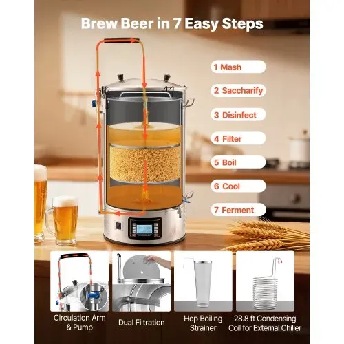 VEVOR elektrisches Bierbraugerät Bierbrauanlage Braukessel 60 L Hausgebrauch, Maischekochgerät mit Rezeptspeicher & Automatik-/Manuellmodus & Bedienfeld & Zirkulationsrohr, Brausystem – Bild 2