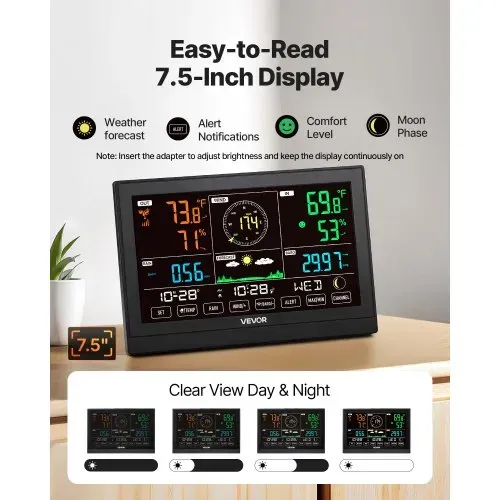 VEVOR 5-in-1-Wetterstation, 7,5-Zoll-Display, solarbetriebener Außensensor, Regenmesser, für Wettervorhersage, Temperatur, Luftfeuchtigkeitsmesser, Windgeschwindigkeit & -richtung (kein WLAN) – Bild 3