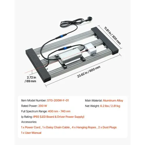 VEVOR LED-Pflanzenlampe Dimmbar 200 W Vollspektrum 400-740 nm 3000 K 6500 K, für Growzelte (60 x 60 cm) mit Stufenloser Dimmung, Reihenschaltung für bis zu 60 Lampen, Aluminiumlegierung-Lichtleisten – Bild 6
