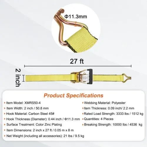 VEVOR 4er-Set Spanngurt 0,05 x 8 m Zurrgurt 4536 kg Ratschenzurrgurt Polyester-Gurt und Kohlenstoffstahl-Haken Befestigungsgurt Ratschenspanngurt Ideal für Motorräder Fahrräder Kajaks UTV Boote ATV – Bild 6