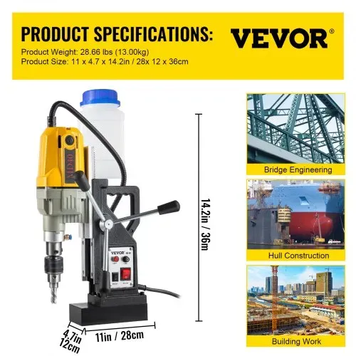 VEVOR 1100 W Magnetbohrer Magnetbohrmaschine 12000 N Elektrische Kernbohrmaschine Industrielle Bohrmaschine mit 12 Bohrer, Max. Tiefe 55 mm, für Schiffs-und Brückenbau Industrie Stahlbau – Bild 6