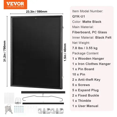 VEVOR Trikot-Präsentationsrahmen 590x790x40mm abschließbare Schattenbox für Sporttrikots mit 98 % UV-Schutz PC-Glas und Kleiderbügeln für Baseball- Basketball- Football- Hockey-Trikots und -Uniformen – Bild 6