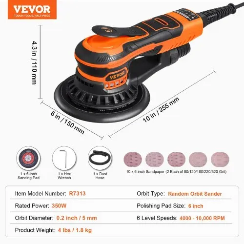 VEVOR Exzenterschleifer, 152 mm bürstenloser elektrischer Exzenterschleifer, 350 W, 6 variable Geschwindigkeiten, mit 10 Schleifpapieren, staubdichtem Anschluss und Schlauch, zum Holzschleifen – Bild 6