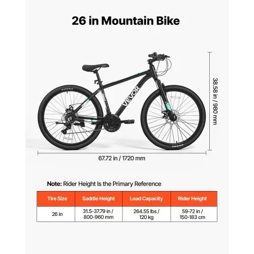 VEVOR Mountainbike für Damen Herren 26 Zoll Fahrrad 21-Gang Schwarz Outdoor Ideal für Erwachsene, Rahmen aus Aluminiumlegierung, mit Federgabel, 120 kg Tragkraft, Klingel, Reflektoren & Lampenhalterung – Bild 6