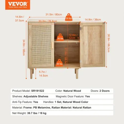 VEVOR Rattanschrank Rattankommode Aufbewahrungsschrank mit 2 magnetischen Türen & verstellbaren Regalen & Griffen, Sideboard-Buffetschrank für Flur Eingangsbereich Wohnzimmer Küche Flur – Bild 6