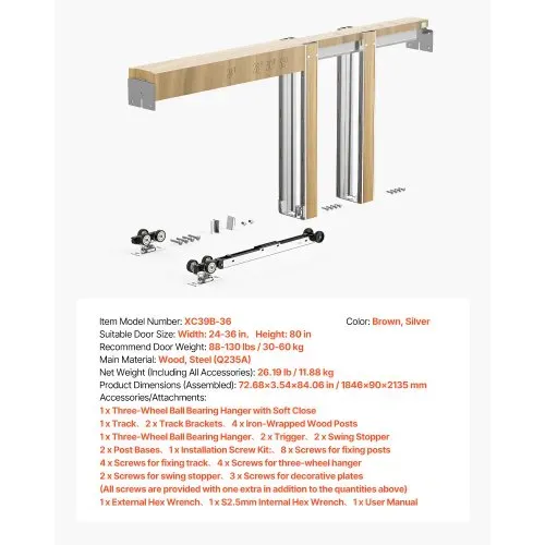 VEVOR Schiebetürrahmen-Set für 610–914 mm breite & 2032 mm hohe Türen, Schiebetürsystem-Set aus verzinkter Stahl & Holz mit Zwei-Wege-Soft-Close-Mechanismus & sanftem Gleiten, für Wohnzimmer – Bild 6