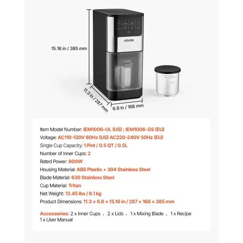 VEVOR Eismaschine, 7-in-1-Gerät für Gelato, Sorbet, Milchshake, Frozen Yogurt & Light-Eiscreme, Hausgemachte Eismaschine mit Ein-Knopf-Funktion zum Einrühren und Nachdrehen, Glatte Cremige Textur – Bild 6