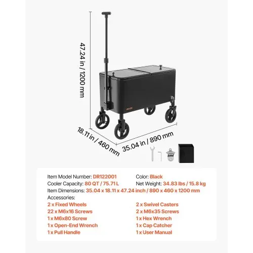 VEVOR Kühlwagen Getränkewagen 75,71 L bis zu 50 Flaschen/110 Dosen, Beistellwagen für Terrassenpartys und Bars mit Kor Teleskopgriff & Flaschenöffner & Kronkorkensammler, Getränkekühler Schwarz – Bild 6