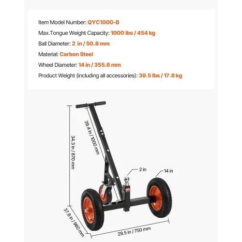 VEVOR Rangierhilfe Anhänger, 454 kg Stützlastkapazität, 425 & 560 mm einstellbare Höhe, 50,8 mm Kugel, 355,6 mm Luftreifen, Karbonstahl, zum Bewegen von Wohnmobilanhängern – Bild 6