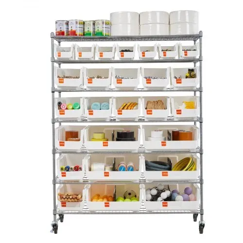 VEVOR Standregal, Lagerregal mit 7 Ebenen & 26 Stapelboxen, Bücherregal, Küchenregal mit Rollen, Fahrregal für Garage, Lager, Büro, Restaurant, Klassenzimmer, Küche, 355x1110x1480 mm – Bild 9