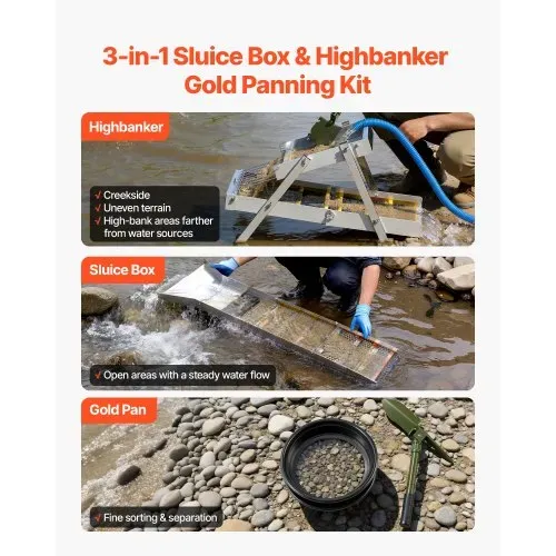 VEVOR Highbanker Goldwaschset 127 cm (50 Zoll), 3-in-1 Faltbare Goldwaschrinne aus Aluminiumlegierung, 26-tlg. Tragbares Prospektionsset mit Goldwaschpfannen, Klassiersieb, Magnet, Rucksack, Zubehör VEVOR Highbanker Goldwaschset 127 cm (50 Zoll), 3-in-1 Faltbare Goldwaschrinne aus Aluminiumlegierung, 26-tlg. Tragbares Prospektionsset mit Goldwaschpfannen, Klassiersieb, Magnet, Rucksack, Zubehör