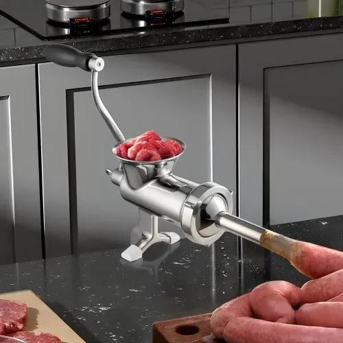 VEVOR manuelle Fleischwolf Hand Wurstfüller 304 Edelstahl, 4,5 & 8 mm Schneidplatten Handfleischwolf Fleischmaschine mit Wurstrohr, geeignet für Fleisch Schleifen Wurstfüllung Silber – Bild 7