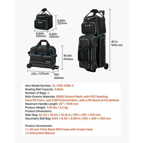 VEVOR 1 Bowlingtasche mit Rollen + 1 Bowlingtasche (Mini) für 2+1 Kugeln aus 600D Oxford Blau Schwarz, für Schuhe bis US-Größe 16, mit Teleskopgriff (bis zu 1016 mm) und Doppellagigen Ablagen – Bild 6