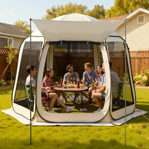 VEVOR Campingzelt, 304,8 x 280,4 cm, Pop-up-Zelt mit ausziehbarer Markise, tragbares Partyzelt für 4–8 Personen mit Tragetasche und Seitenwänden, für Terrasse und Outdoor-Aktivitäten, Beige – Bild 7