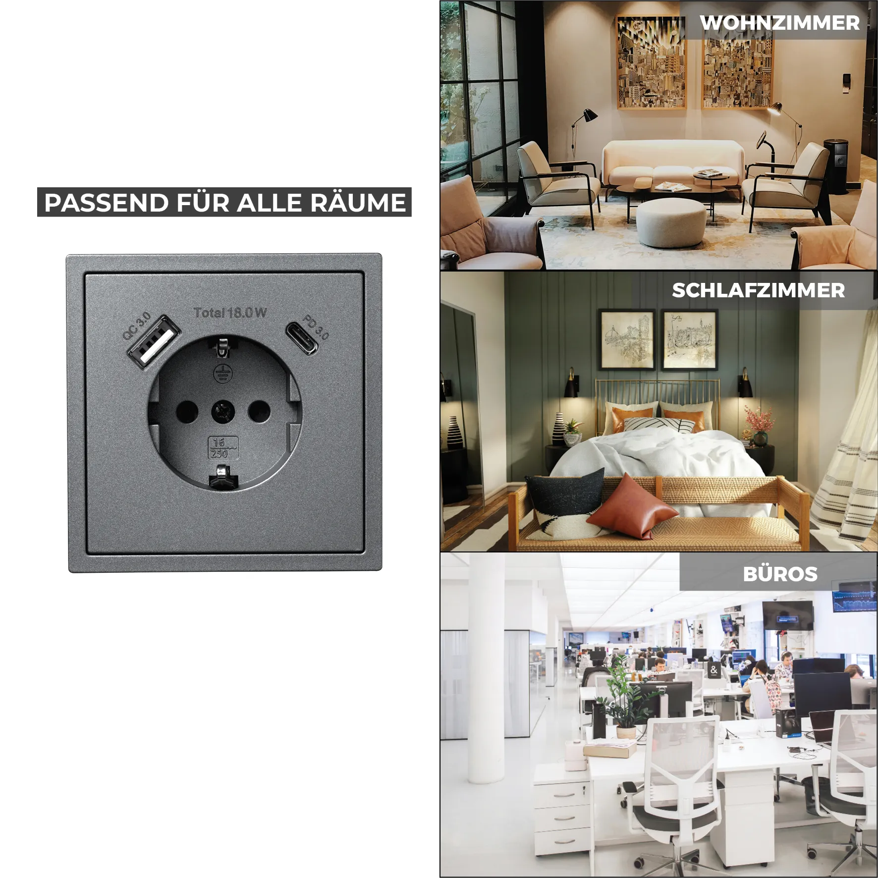 Schutzkontakt-Steckdose McPower ''Shallow'' 1x USB-C - 18W Quickcharge - 1x USB-A – Bild 5