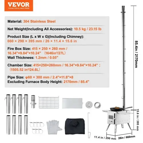 VEVOR Holzofen, 590 x 790 x 2620 m, Camping-Zeltofen aus Edelstahl, Holzofen mit Kaminrohren und Handschuhen, 1646 Kubikzoll großer Feuerraum-Zeltofen zum Kochen und Heizen im Freien mit 8 Rohren – Bild 6