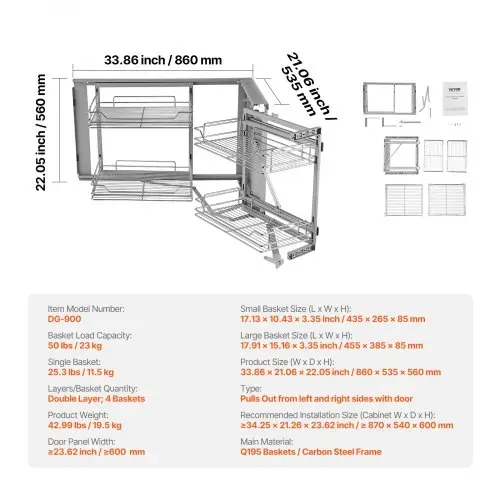 VEVOR Küchenschrank-Organizer mit 2 Ebenen & 4 Ablagen, Aufbewahrungskorb aus verchromtem Karbonstahl, Aufbewahrungs-Organizer, links und rechts zu öffnen, min. Türöffnungsbreite 60 cm – Bild 6
