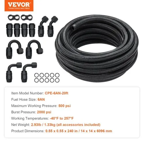 VEVOR 6-AN-Kraftstoffleitungssatz, 609,6 cm Kraftstoffschlauchsatz, 0,34"-Nylon-Edelstahl-Geflecht-Kraftstoffleitungs-Öl-/Gas-/Diesel-Schlauchendstück-Anschlusssatz 12-teiliger Drehgelenk-Adaptersatz – Bild 6