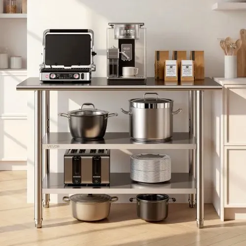 VEVOR Gastronomie Arbeitstisch 1219 x 610 x 864 mm, Edelstahltisch mit 3 Ebenen & Höhenverstellbaren Ablagen Belastbarkeit Top 245 kg & 2 Unterablagen je 204 kg Vorbereitungstisch für Restaurant – Bild 7