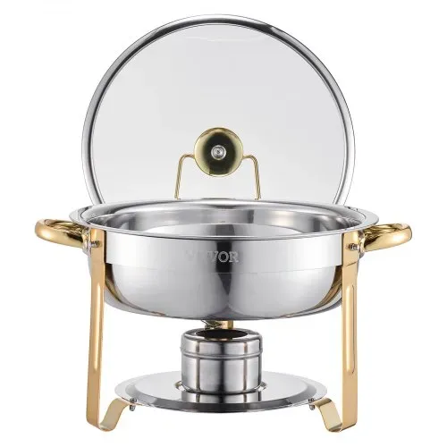 VEVOR Chafing Dish Buffet Speisenwärmer mit 4 Behältern in voller Größe (4,7 L), runder Catering-Wärmespender mit Glasdeckel & Wasserpfanne & klappbarer Ständer, für Hochzeiten Buffet Gold – Bild 8