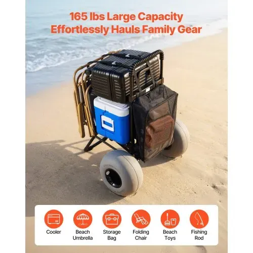VEVOR Strandwagen mit Ballonreifen (12 Zoll), Faltbarer Strandtrolley mit 4-stufig Einstellbarem Schaumstoffgriff und Pumpe, Handwagen (75 kg Belastbar), Strandkarre Ideal für Camping und Angeln – Bild 4
