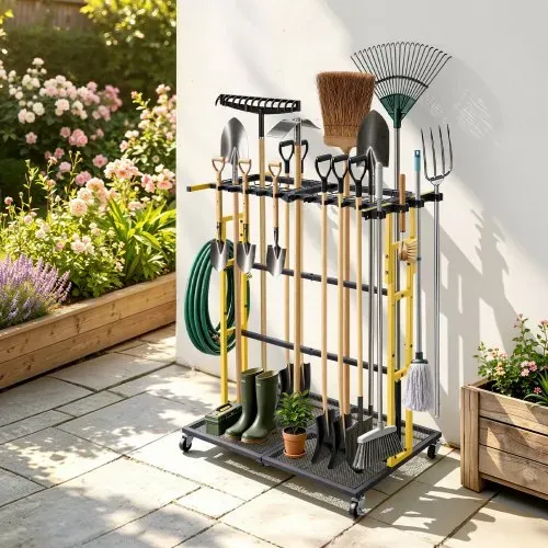VEVOR Gartengeräte Ständer 920x560x1010mm Gerätehalter mit Rollen Schwarz, Aufbewahrungsregal für Garage Schuppen Garten, Organizer aus Stahl für Besen Mopp Rechen, 2-in-1 mit Schlitze & Klemmsystem – Bild 7
