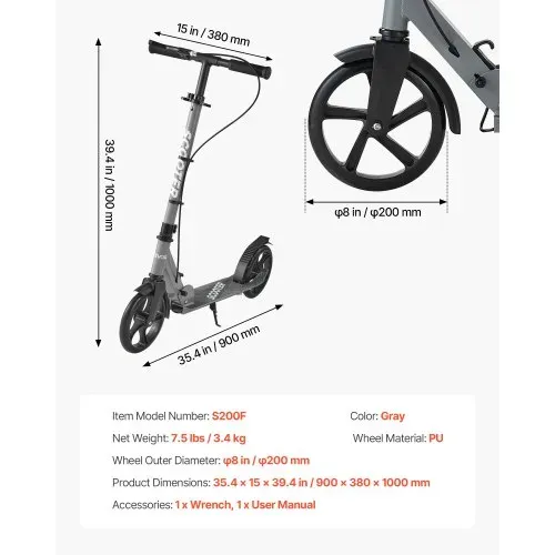 VEVOR Scooter (2 Räder) für Kinder ab 8 Jahren, Cityroller Kinderroller Straßenroller mit höhenverstellbarem Lenker & rutschfestem Deck & Handbremse, faltbarer Tretroller bis zu 100 kg, Grau – Bild 6