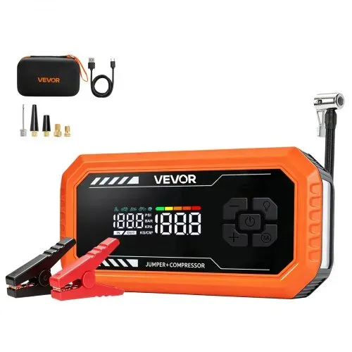 VEVOR Starthilfe Powerbank 3000 A Tragbares Starthilfegerät Starter Booster für 9 L Benzin und 6,5 L Dieselmotoren, 150 psi Reifendruck, LED-Taschenlampe, Automatische Abschaltung und 12 V Ladegerät – Bild 7