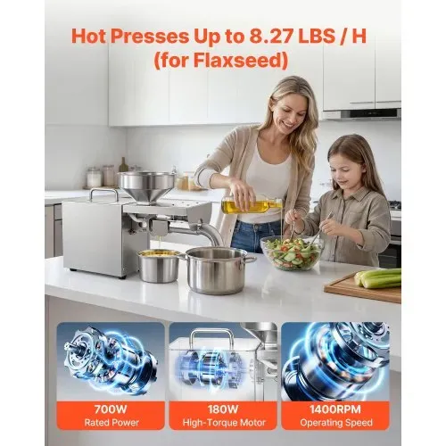 VEVOR Elektrische Ölpresse 3,75 kg/h, Ölmühle 700 W, Automatische Ölpressmaschine mit Heißpressung bei 300 °C & Reinigungsbürste, Ölmaschine für Erdnüsse, Sesam, Sojabohnen und Mandeln, Edelstahl – Bild 3