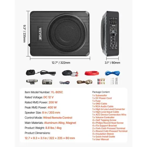VEVOR Untersitz Auto Subwoofer 400 W 203 mm schlanker Auto Subwoofer mit Stromversorgung, Subsystem mit eingebautem Verstärker, Hoch-/Niedrigpegel-Eingang und Lautstärkeregler für SUVs Lkws – Bild 6
