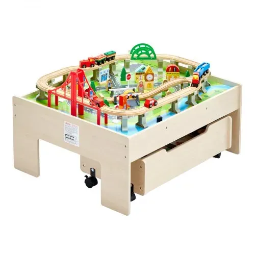 VEVOR Holz Aktivitätstisch, 100-teilig, Eisenbahntisch mit rollender Schublade, 3-in-1-Holzeisenbahn-Set zum Spielen, Malen, Lesen, Essen, kreatives Spielzeug-Set für Kinder ab 3 Jahren – Bild 8