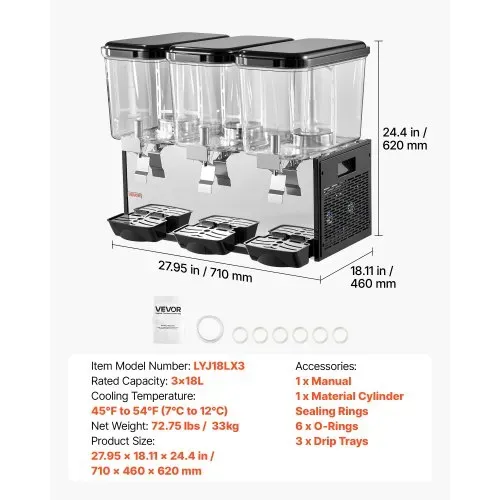 VEVOR Elektrischer Getränkespender Saftspender 2 x 12 L 7-12 °C mit PC-Behälter für Restaurants, Hotels, Bars und Kioske, mit Rührstab für Gleichmäßige Durchmischung, Druckschalter und Auffangschale – Bild 6