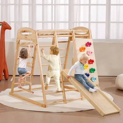 VEVOR Indoor Klettergerüst, 7-in-1 Multifunktional Spielplatz, mit Holz- & Seilleiter, Netzleiter, Schaukel, Kletterstange, Rutsche, Kletterwand, Kletterspielzeug für Kinder im Alter von 2-6 Jahren – Bild 7