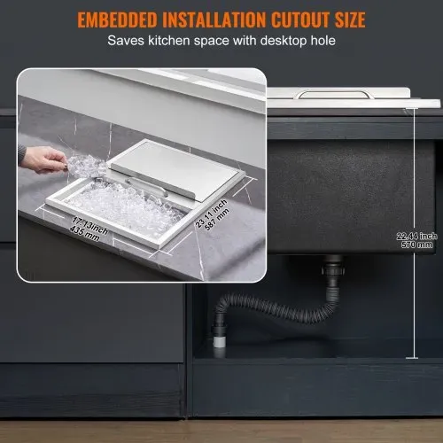 VEVOR 55,23 L Drop-in-Eisbox, 608 x 457 x 333 mm Edelstahl-Eiskühler, Kommerzieller Eisbehälter mit Schiebedeckel, Eingebaute Eisspeichertruhe, Abflussrohr & Ablassstopfen im Lieferumfang Enthalten – Bild 5
