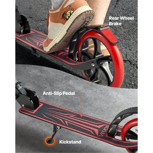 VEVOR Scooter (2 Räder) für Kinder ab 8 Jahren, Cityroller Straßenroller mit höhenverstellbarem Lenker & rutschfestem Deck & leichtem Rahmen, faltbarer Tretroller bis zu 100 kg, Schwarz + Rot – Bild 4