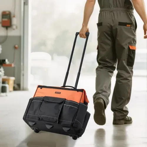 VEVOR Werkzeugtasche mit Rollen, 50 kg Tragkraft, 27 Taschen, Arbeitsrucksack mit verstellbarer Teleskopgriff & stabiler Standfuß, Werkzeugtaschen-Organizer für Bau, Mechanik, 510x310x450 mm – Bild 7