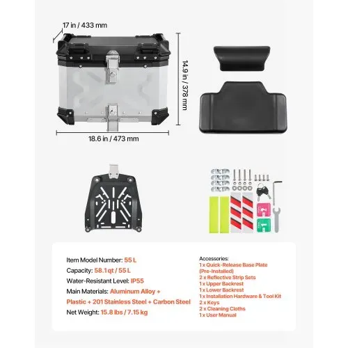 VEVOR Topcase Motorradkoffer 55 L, Universal-Heckkoffer Aluminium, Helmkoffer Wasserdicht, Abnehmbar, mit Sicherheitsschloss, Reflexstreifen, Hartschalen und Lederfutter zur Helmaufbewahrung – Bild 6