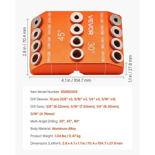 VEVOR Bohrführung 30°/45°/90° Winkelbohrloch-Führungslehre Bohrschablone (4 Größen), zum Bohren von abgewinkelten oder horizontalen Löchern, für Deckkabelgeländer Treppenhandläufe – Bild 6