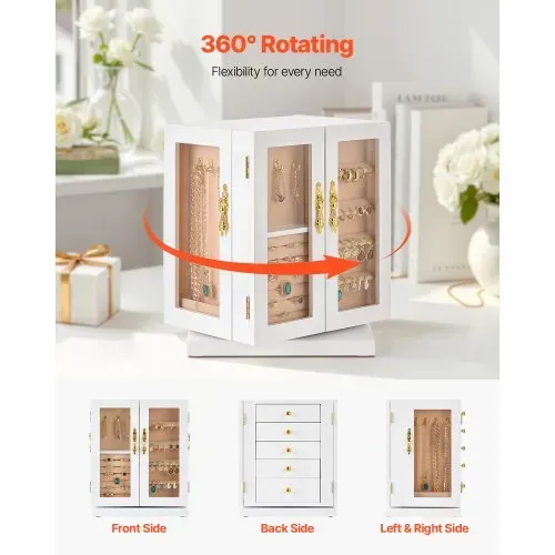 VEVOR Schmuckkästchen 360° drehbarer Schmuckkasten mit 5 Schubladen & Acrylfenster & 4 Halskettenhaken auf jeder Seite, Aufbewahrungskoffer mit Metallgriffen, Bodenpolster & weichem Samtfutter weiß – Bild 2