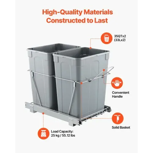 VEVOR ausziehbarer Mülleimer (35 Qt + 35 Qt) für Küchenschränke, doppelter Mülleimer unter der Spüle, Müllbehälter für unter die Spüle, mit robustem Vollauszug-Schiebesystem aus Metall & Griff – Bild 2