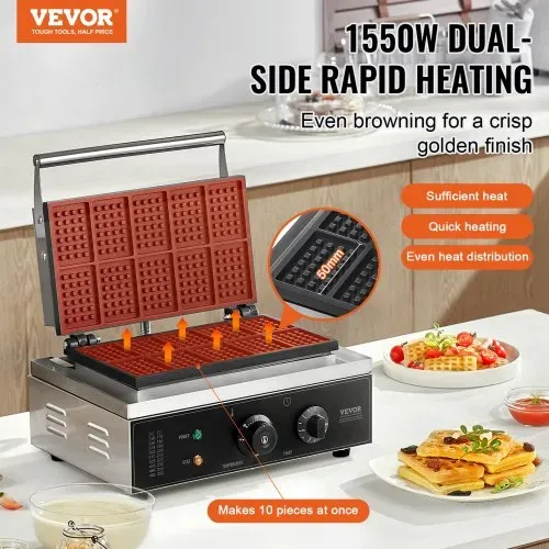 VEVOR Kommerzielles Waffeleisen 1550 W antihaftbeschichtetes Waffeleisen aus Edelstahl mit Temperatur- und Zeitregelung, Griff, für Restaurant Bäckerei Snackbar Familie 10 rechteckige Waffeln VEVOR Kommerzielles Waffeleisen 1550 W antihaftbeschichtetes Waffeleisen aus Edelstahl mit Temperatur- und Zeitregelung, Griff, für Restaurant Bäckerei Snackbar Familie 10 rechteckige Waffeln