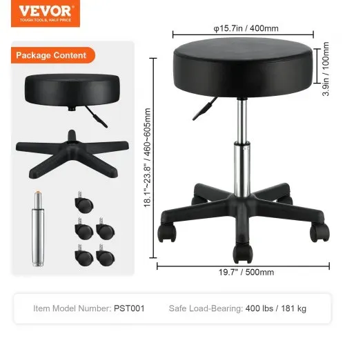 VEVOR Rollhocker mit Rollen, 181 kg Gewichtskapazität, Höhenverstellbar, Hocker mit Ultradickem Sitzkissen, Drehhocker für Salon, Bar, Zuhause, Büro, Medizin, Massage, Schwarz – Bild 6