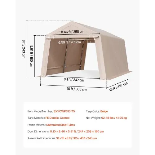 VEVOR Gerätehaus, 305x457x243 cm, Garagenzelt aus PE, Geräteschuppen, Fahrradgarage, Gartenschuppen, Carport, Fahrradschuppen, Aufbewahrungsgarage für Motorrad, Rasenmäher, Fahrrad, grau – Bild 6