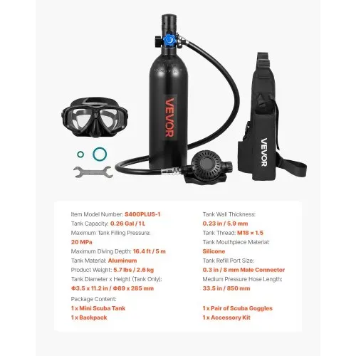 VEVOR Mini-Tauchflasche 1 L, Tragbare Lungenflasche für Unterwasseratmung, Wiederverwendbare Sauerstoffflasche für bis zu 20 Minuten Tauchzeit, Tauchausrüstung mit Rucksack & Schnorchelbrille – Bild 6