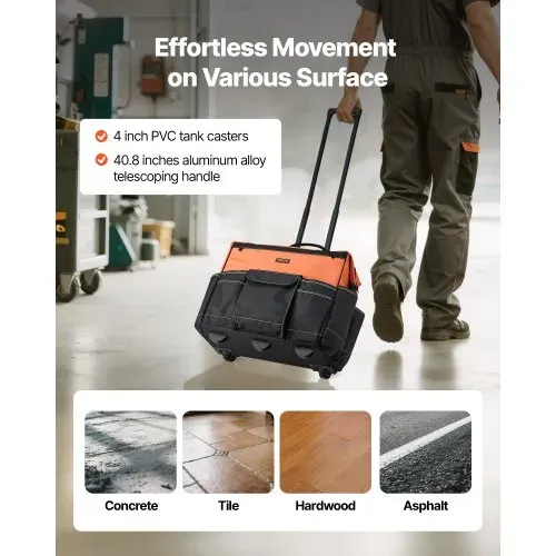 VEVOR Werkzeugtasche mit Rollen, 50 kg Tragkraft, 27 Taschen, Arbeitsrucksack mit verstellbarer Teleskopgriff & stabiler Standfuß, Werkzeugtaschen-Organizer für Bau, Mechanik, 510x310x450 mm – Bild 3