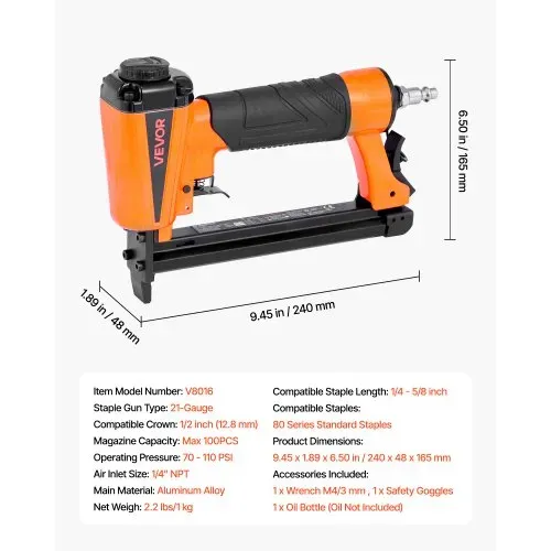 VEVOR Druckluft-Tacker, Druckluftnagler für 80er-Serie, 12,8 mm Krone, 6–16 mm Länge, Klammern, 70–110 PSI, Klammergerät für Holzbearbeitung, Polsterarbeiten, Handwerk, Heimwerkerprojekte – Bild 6