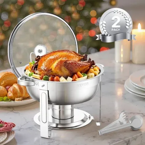 VEVOR Chafing Dish Buffet Speisenwärmer mit 2 Behältern in voller Größe (4,7 L pro), runder Catering-Wärmespender mit Glasdeckel & Wasserpfanne & klappbarer Ständer, für Buffet Partys Silber – Bild 7