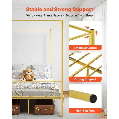 VEVOR Himmelbettrahmen (Full Size), Metallhimmelbett mit minimalistischem Kopfteil & Himmelbett-Design, robuste Stahllattenstütze (rund), Stauraum unter dem Bett, kein Boxspring erforderlich, Gold – Bild 2