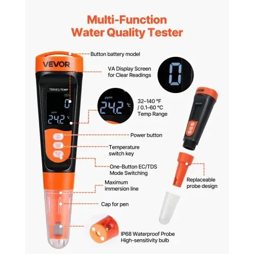 VEVOR TDS-Messgerät, Messbereich 0–9990 ppm, EC/TDS-Mehrparametermessung, Digitales Wassermessgerät mit Automatischer Zeitregelung, Übersichtliches VA-Display, für Trinkwasserqualitätsprüfung – Bild 3
