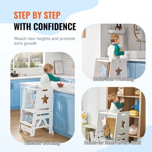 VEVOR Tritthocker Kinder 158,9 kg Gewichtskapazität Trittschemel 844 x 553 x 482 mm Hocker Kiefernholz Bambus höhenverstellbar von 328 bis 520 mm Lernturm Kinderschemel Trittschemel Kinderhocker Weiß – Bild 5